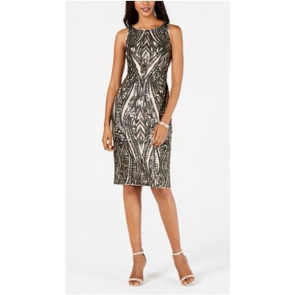 Adrianna Papell Sequin Dress 6 Champagne Bronze Pewter Wedding Party Cruise - Picture 1 of 16